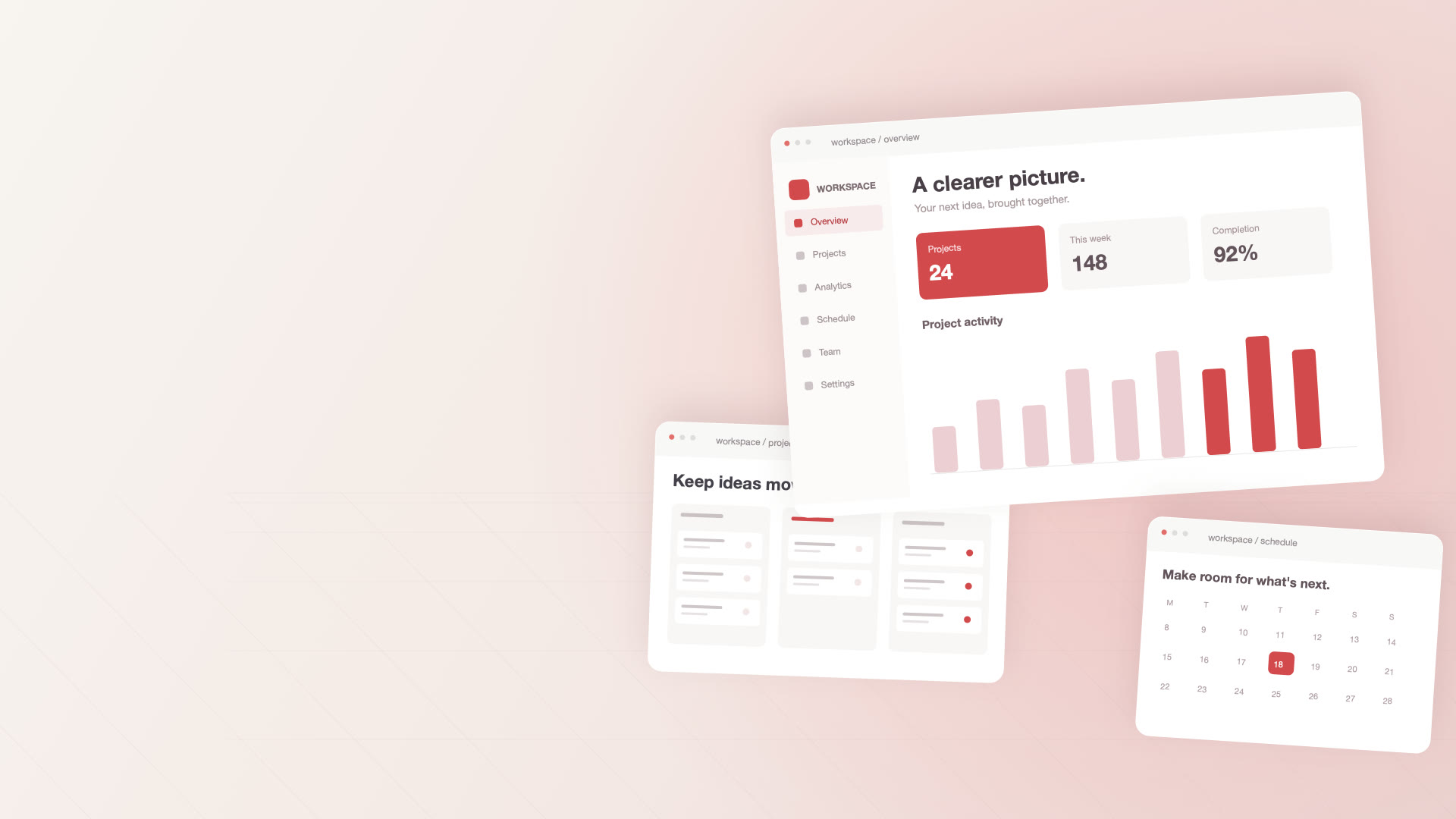 Floating management, analytics and booking interfaces in an ivory and red workspace.